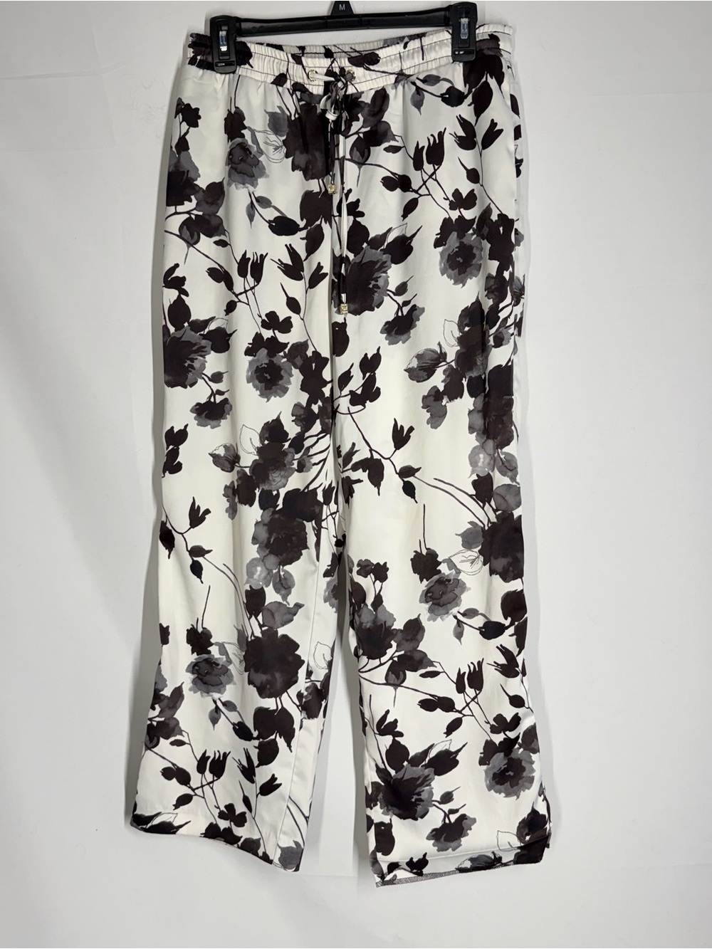 Anne Klein White Satin Wide-Leg Pants with Black Floral Print